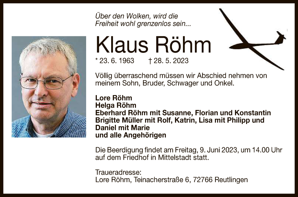  Traueranzeige für Klaus Röhm vom 07.06.2023 aus Reutlinger General-Anzeiger