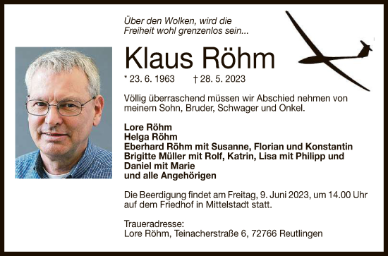 Anzeige von Klaus Röhm von Reutlinger General-Anzeiger