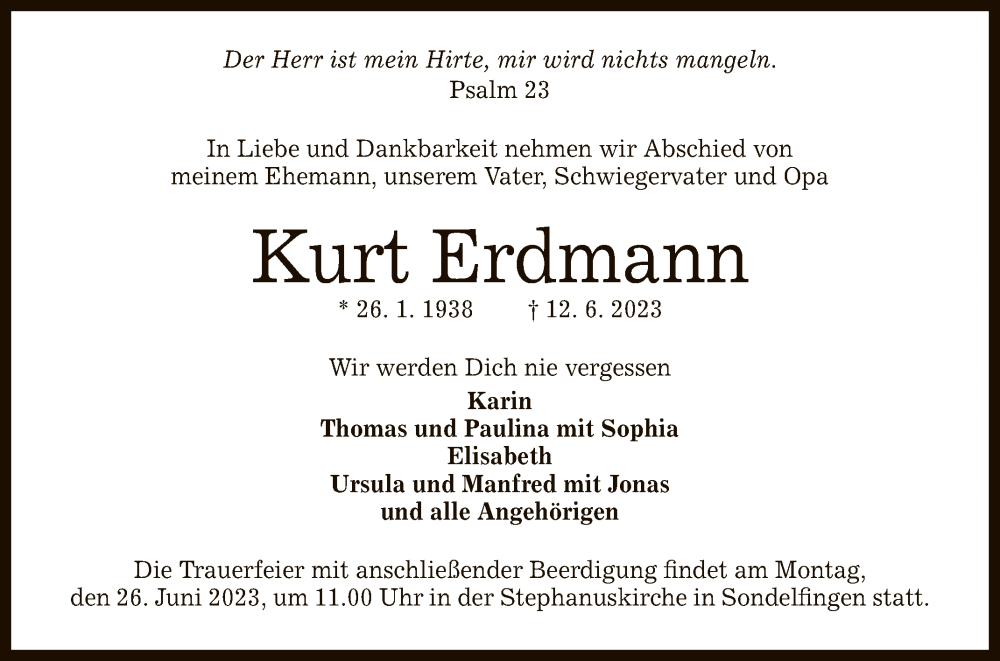  Traueranzeige für Kurt Erdmann vom 17.06.2023 aus Reutlinger General-Anzeiger