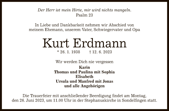 Anzeige von Kurt Erdmann von Reutlinger General-Anzeiger