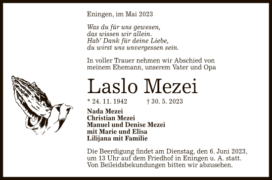 Anzeige von Laslo Mezei von Reutlinger General-Anzeiger