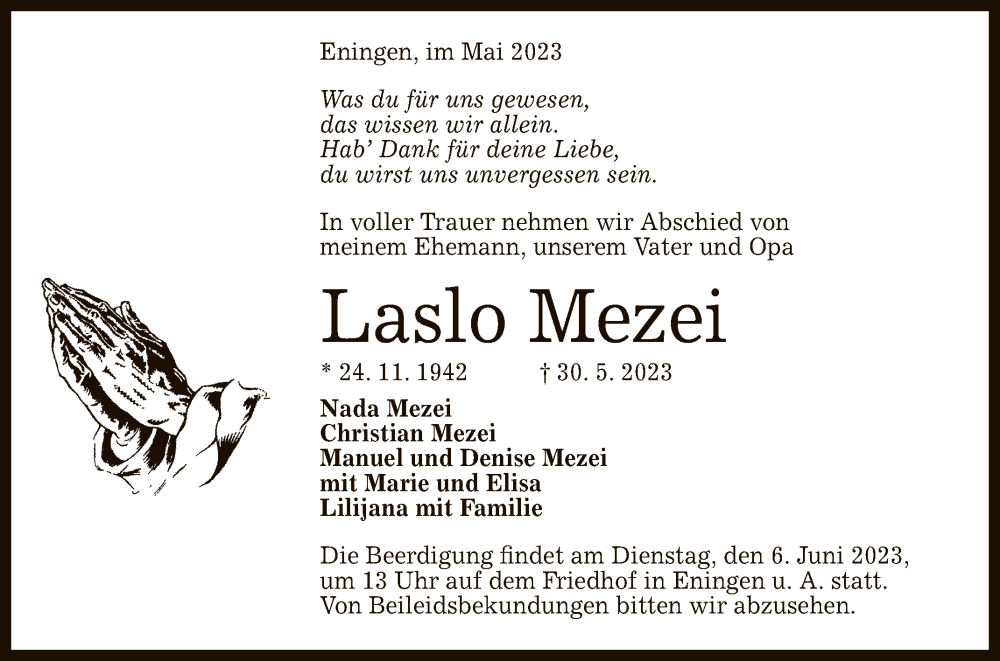  Traueranzeige für Laslo Mezei vom 03.06.2023 aus Reutlinger General-Anzeiger