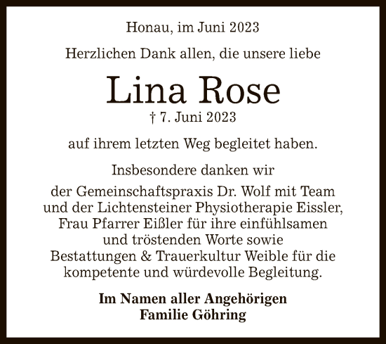 Anzeige von Lina Rose von Reutlinger General-Anzeiger