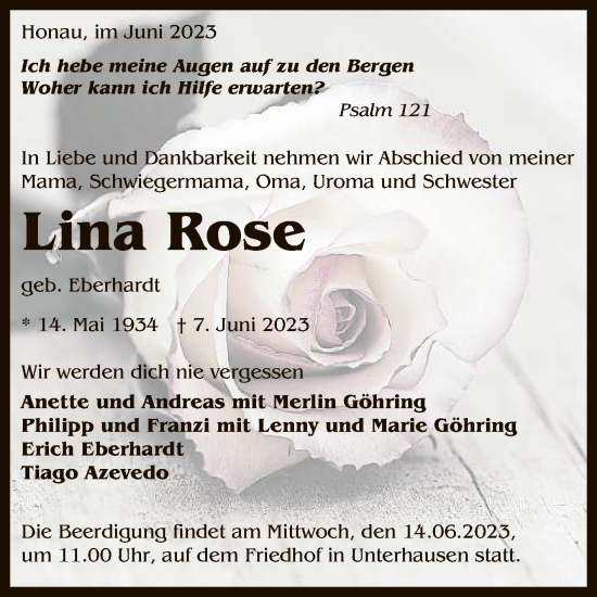 Anzeige von Lina Rose von Reutlinger General-Anzeiger