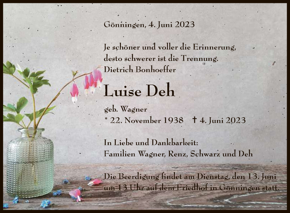 Traueranzeige für Luise Deh vom 09.06.2023 aus Reutlinger General-Anzeiger