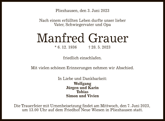 Anzeige von Manfred Grauer von Reutlinger General-Anzeiger