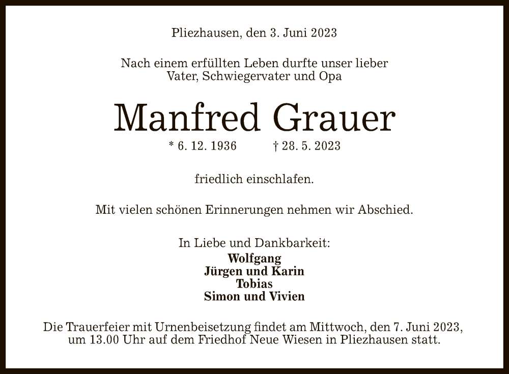  Traueranzeige für Manfred Grauer vom 03.06.2023 aus Reutlinger General-Anzeiger