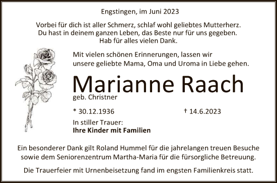 Anzeige von Marianne Raach von Reutlinger General-Anzeiger