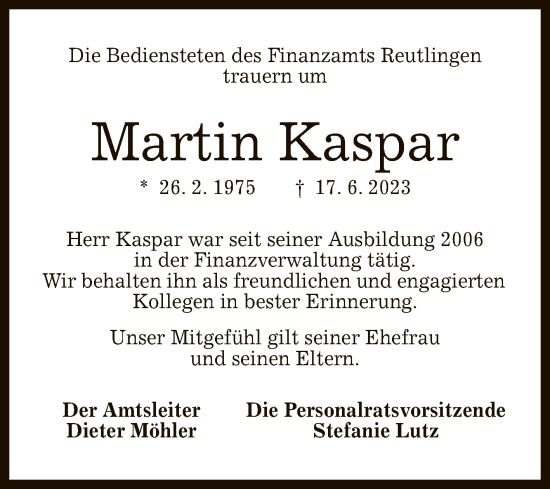 Anzeige von Martin Kaspar von Reutlinger General-Anzeiger
