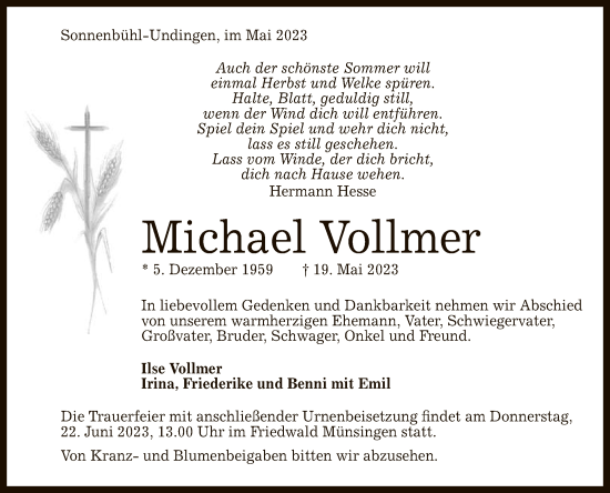 Anzeige von Michael Vollmer von Reutlinger General-Anzeiger