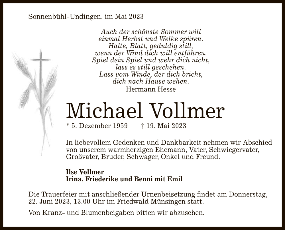  Traueranzeige für Michael Vollmer vom 03.06.2023 aus Reutlinger General-Anzeiger