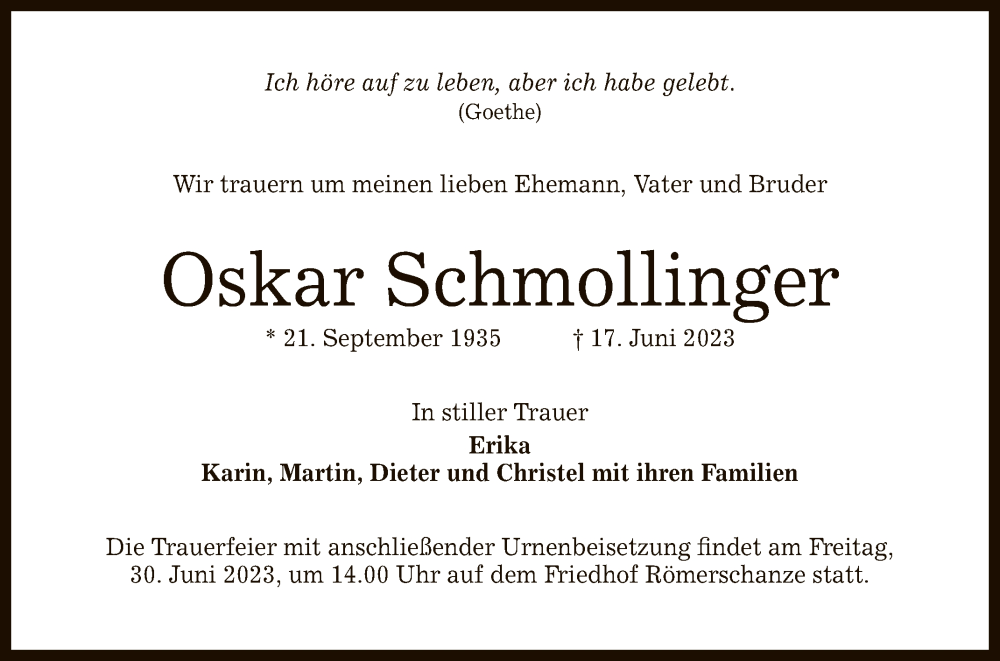  Traueranzeige für Oskar Schmollinger vom 24.06.2023 aus Reutlinger General-Anzeiger