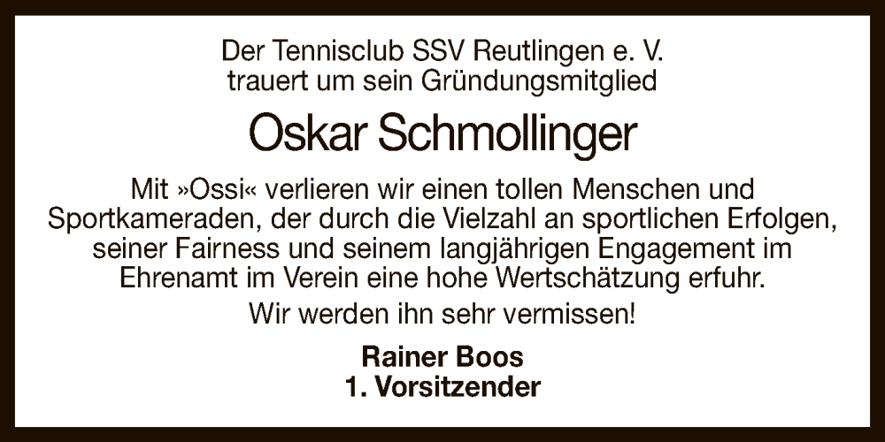  Traueranzeige für Oskar Schmollinger vom 24.06.2023 aus Reutlinger General-Anzeiger
