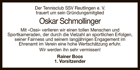 Anzeige von Oskar Schmollinger von Reutlinger General-Anzeiger