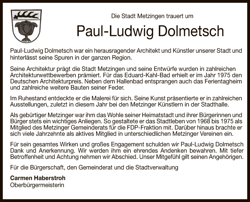  Traueranzeige für Paul-Ludwig Dolmetsch vom 10.06.2023 aus Reutlinger General-Anzeiger