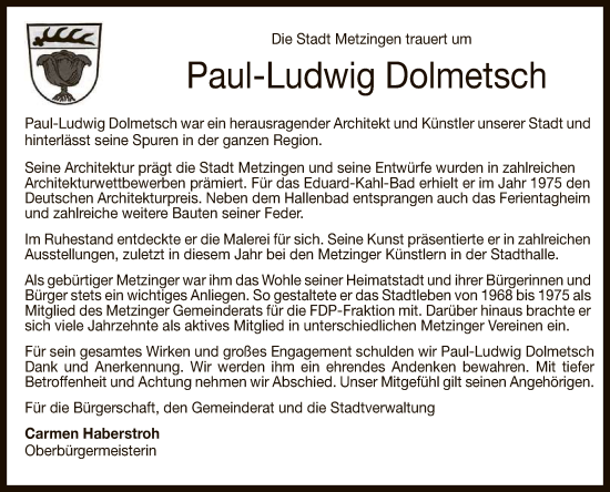 Anzeige von Paul-Ludwig Dolmetsch von Reutlinger General-Anzeiger