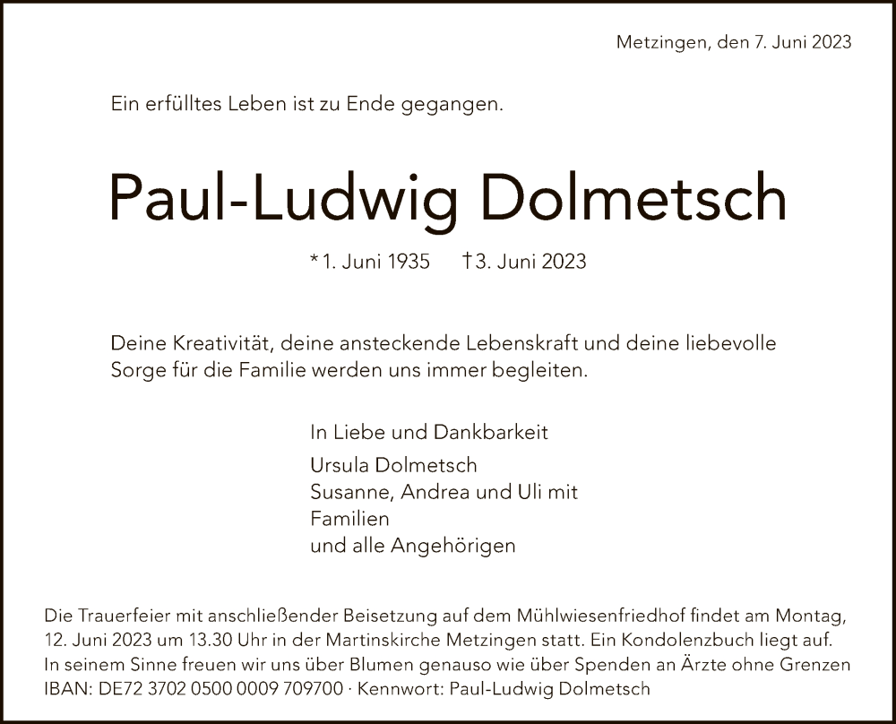  Traueranzeige für Paul-Ludwig Dolmetsch vom 07.06.2023 aus Reutlinger General-Anzeiger
