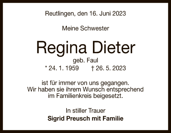 Anzeige von Regina Dieter von Reutlinger General-Anzeiger