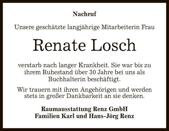 Anzeige von Renate Losch von Reutlinger General-Anzeiger