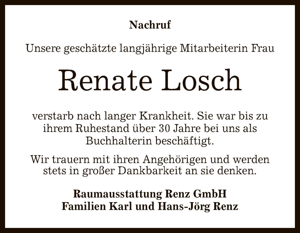  Traueranzeige für Renate Losch vom 17.06.2023 aus Reutlinger General-Anzeiger