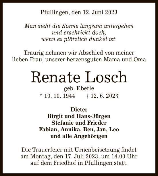 Anzeige von Renate Losch von Reutlinger General-Anzeiger