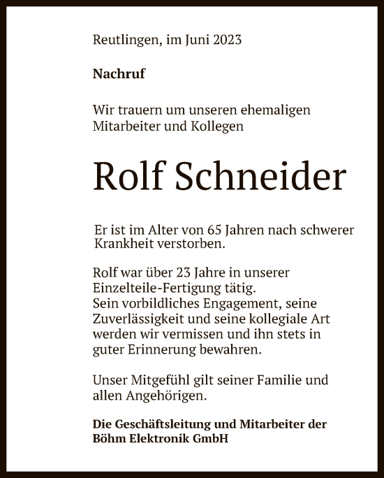Anzeige von Rolf Schneider von Reutlinger General-Anzeiger