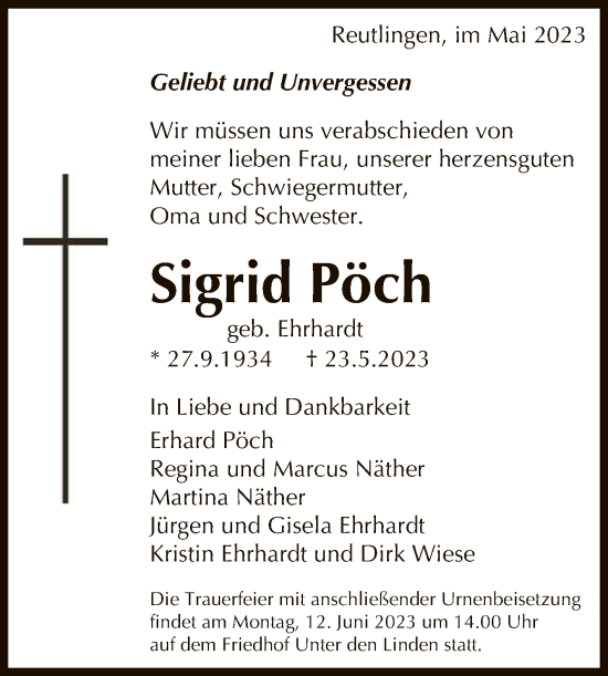 Anzeige von Sigrid Pöch von Reutlinger General-Anzeiger