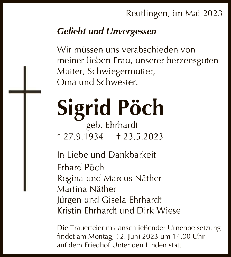  Traueranzeige für Sigrid Pöch vom 02.06.2023 aus Reutlinger General-Anzeiger