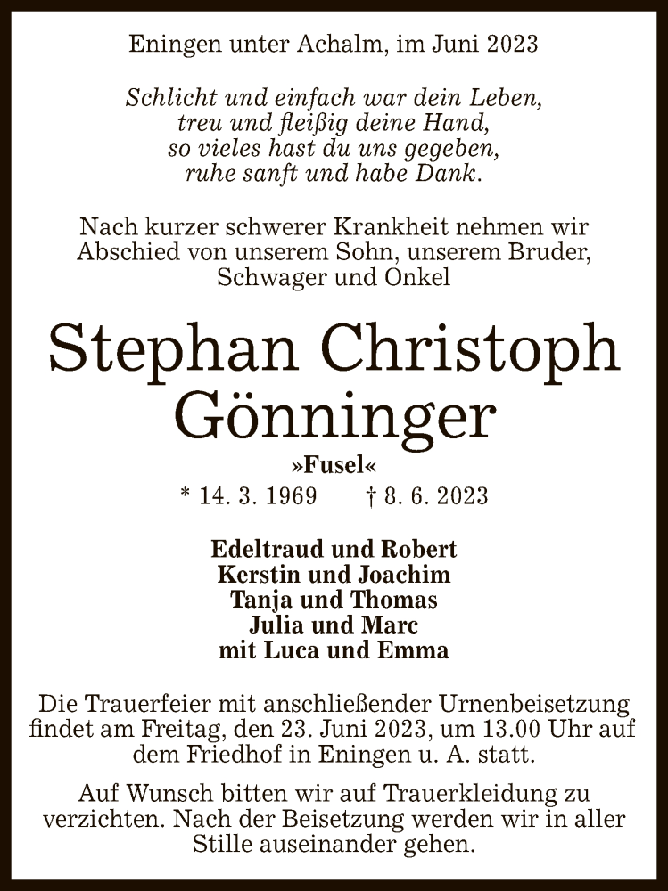  Traueranzeige für Stephan Christoph Gönninger vom 21.06.2023 aus Reutlinger General-Anzeiger