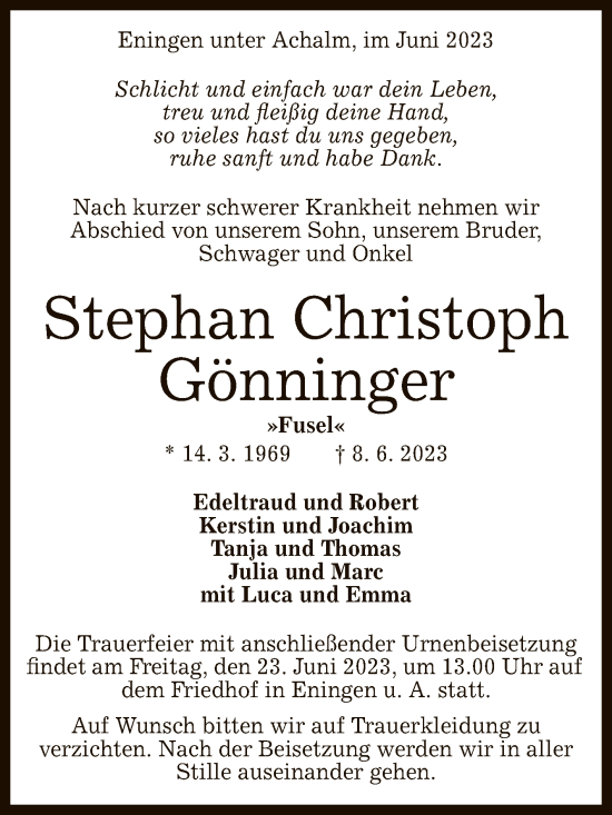 Anzeige von Stephan Christoph Gönninger von Reutlinger General-Anzeiger