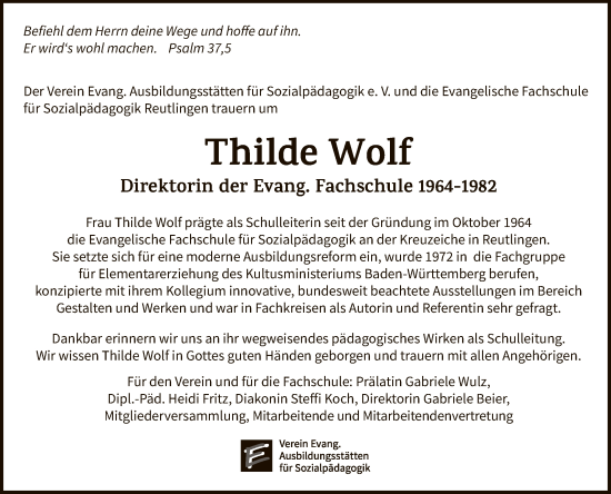 Anzeige von Thilde Wolf von Reutlinger General-Anzeiger