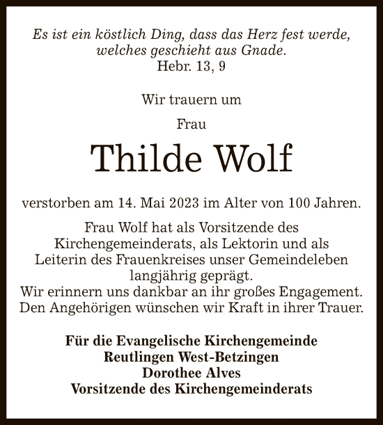 Anzeige von Thilde Wolf von Reutlinger General-Anzeiger