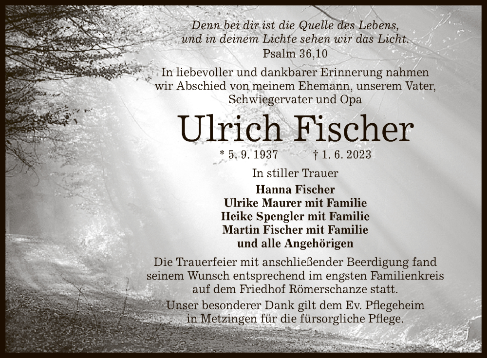  Traueranzeige für Ulrich Fischer vom 10.06.2023 aus Reutlinger General-Anzeiger