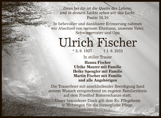 Anzeige von Ulrich Fischer von Reutlinger General-Anzeiger