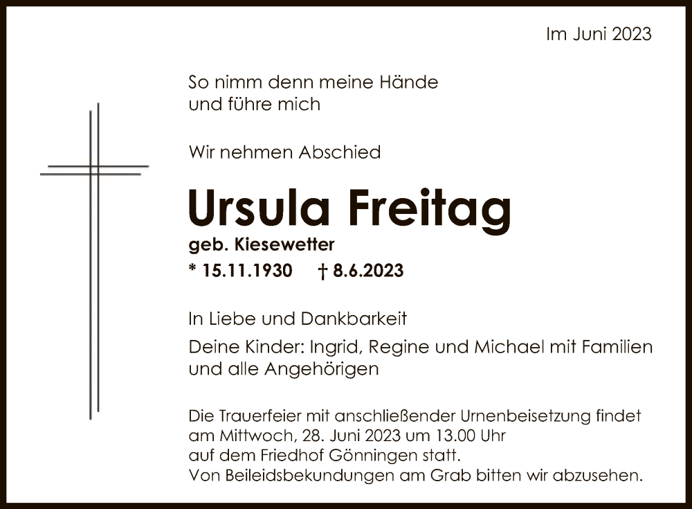  Traueranzeige für Ursula Freitag vom 14.06.2023 aus Reutlinger General-Anzeiger