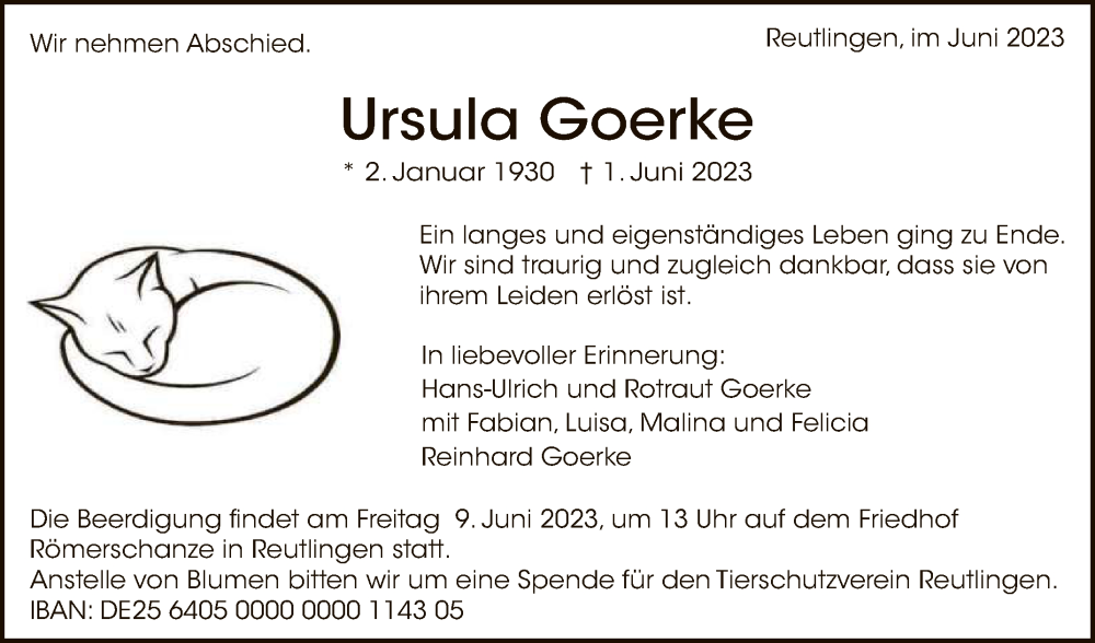  Traueranzeige für Ursula Goerke vom 03.06.2023 aus Reutlinger General-Anzeiger