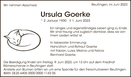 Anzeige von Ursula Goerke von Reutlinger General-Anzeiger