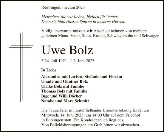 Anzeige von Uwe Bolz von Reutlinger General-Anzeiger