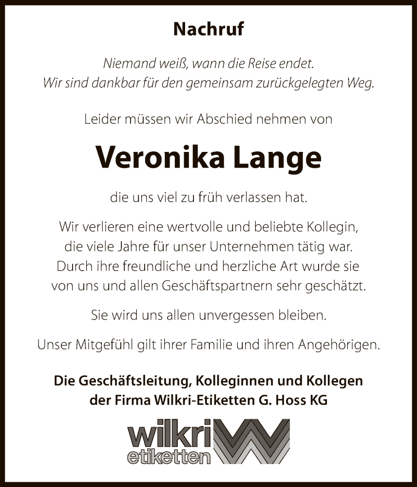  Traueranzeige für Veronika Lange vom 03.06.2023 aus Reutlinger General-Anzeiger