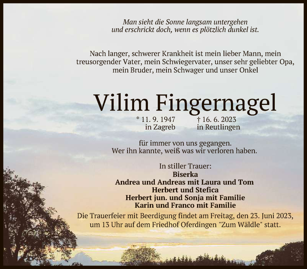  Traueranzeige für Vilim Fingernagel vom 21.06.2023 aus Reutlinger General-Anzeiger