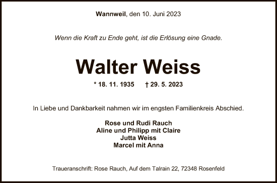 Anzeige von Walter Weiss von Reutlinger General-Anzeiger