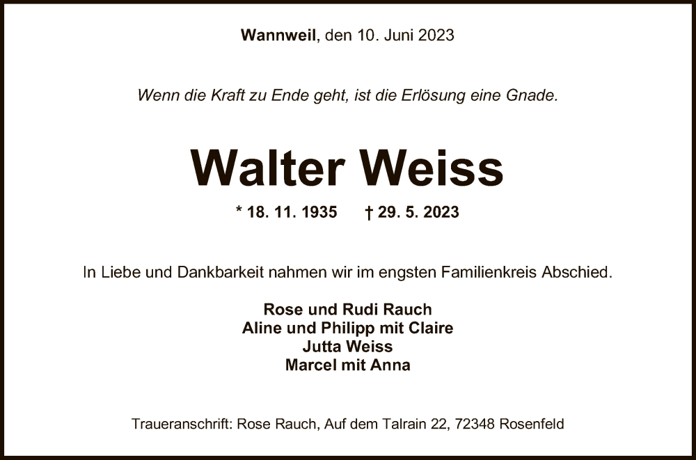 Traueranzeige für Walter Weiss vom 10.06.2023 aus Reutlinger General-Anzeiger