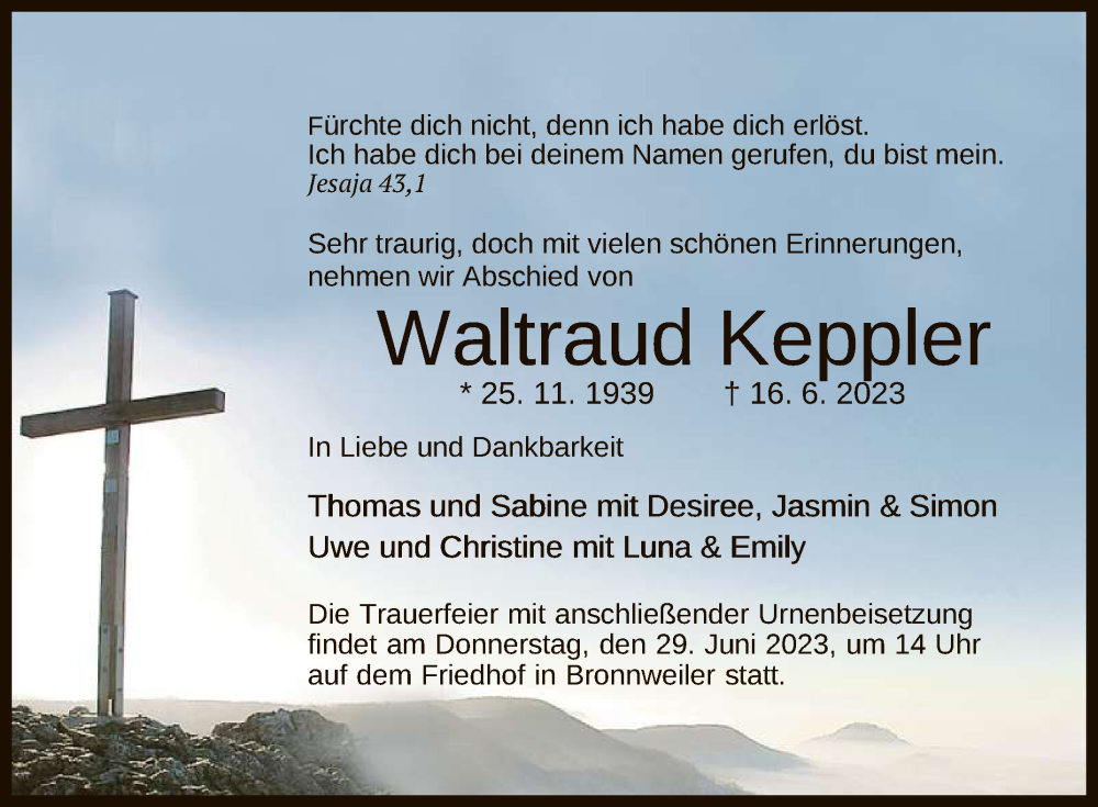  Traueranzeige für Waltraud Keppler vom 22.06.2023 aus Reutlinger General-Anzeiger