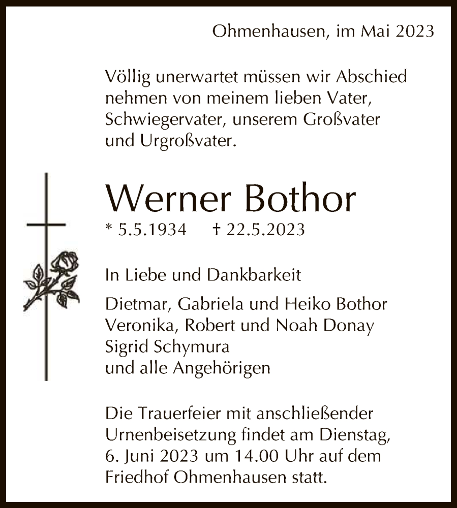  Traueranzeige für Werner Bothor vom 02.06.2023 aus Reutlinger General-Anzeiger