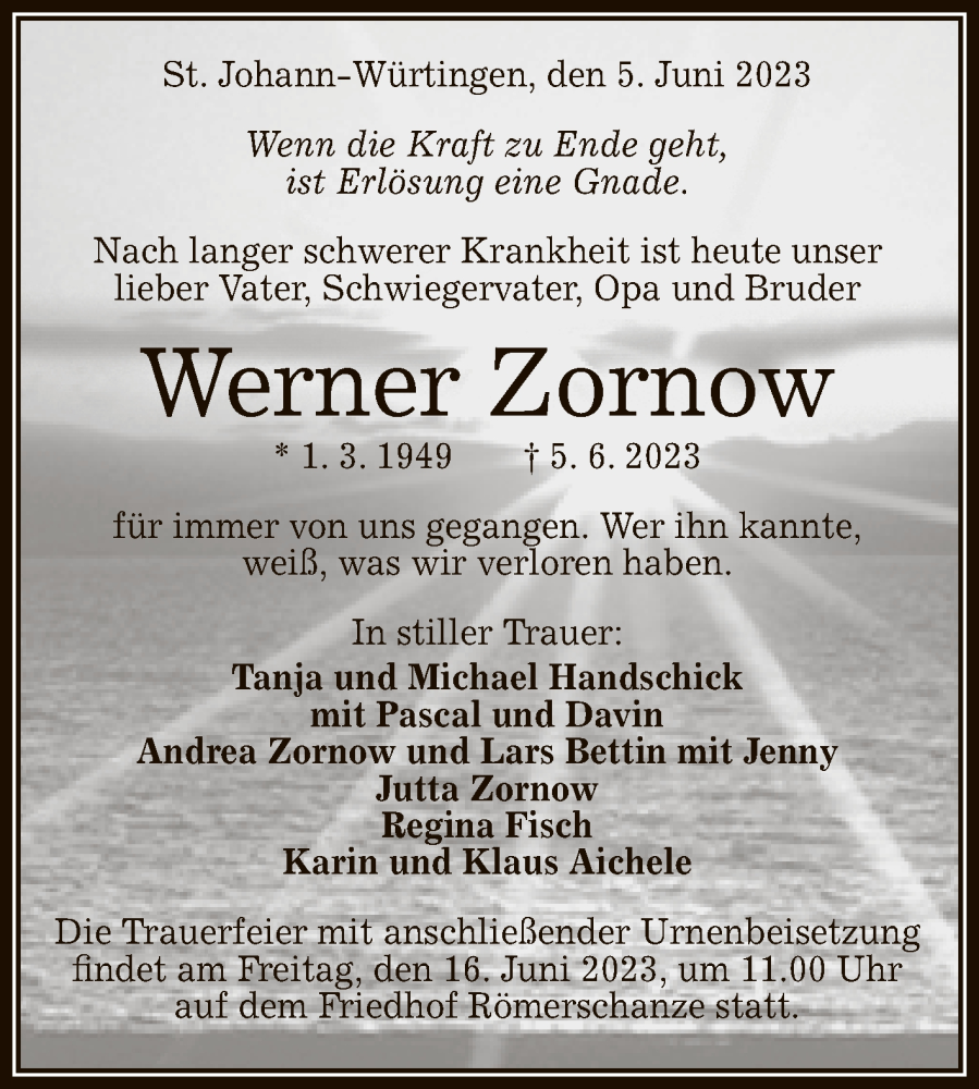  Traueranzeige für Werner Zornow vom 09.06.2023 aus Reutlinger General-Anzeiger