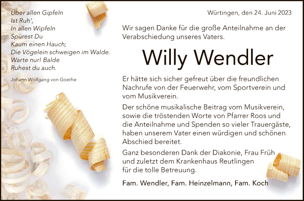  Traueranzeige für Willy Wendler vom 24.06.2023 aus Reutlinger General-Anzeiger