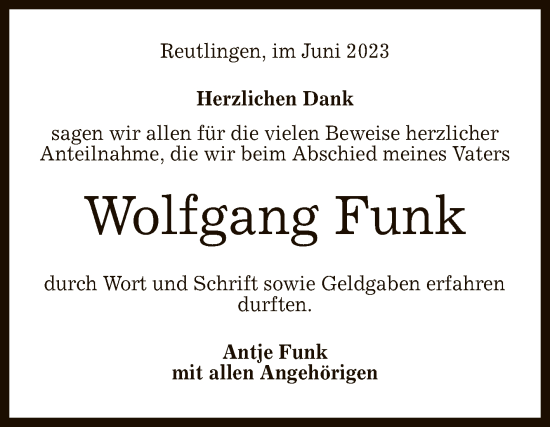 Anzeige von Wolfgang Funk von Reutlinger General-Anzeiger