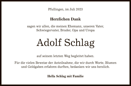 Anzeige von Adolf Schlag von Reutlinger General-Anzeiger