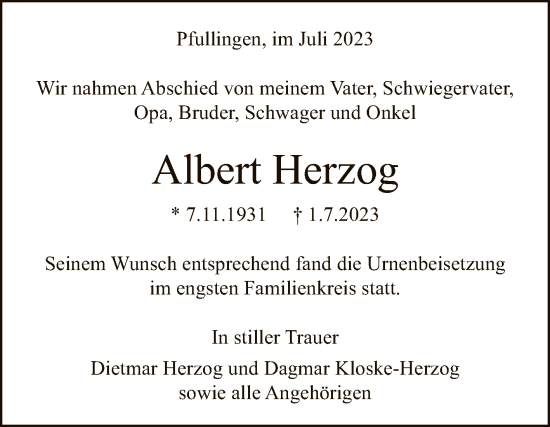 Anzeige von Albert Herzog von Reutlinger General-Anzeiger