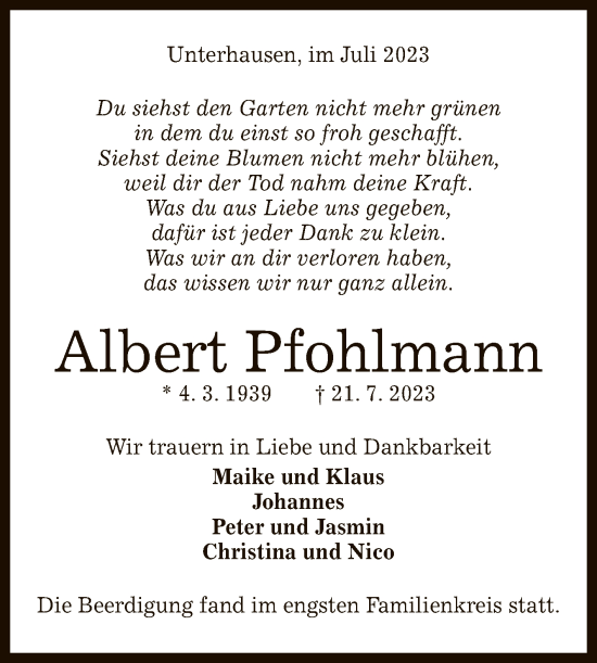 Anzeige von Albert Pfohlmann von Reutlinger General-Anzeiger